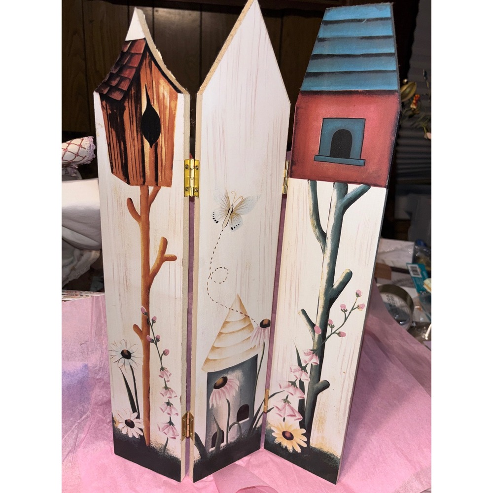 4 Hand Painted Wooden Folding Screen Birdhouse Floral Picket Fence Decor 18in